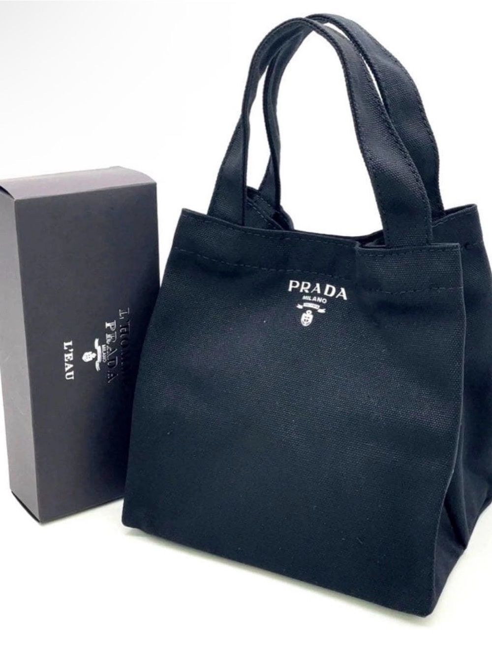 Prada Black Canvas Messenger Tote with White Logo GWP